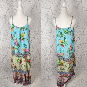 Ruby Yaya Floral Printed Rhinestone Modal Strappy Tiered Maxi Dress
